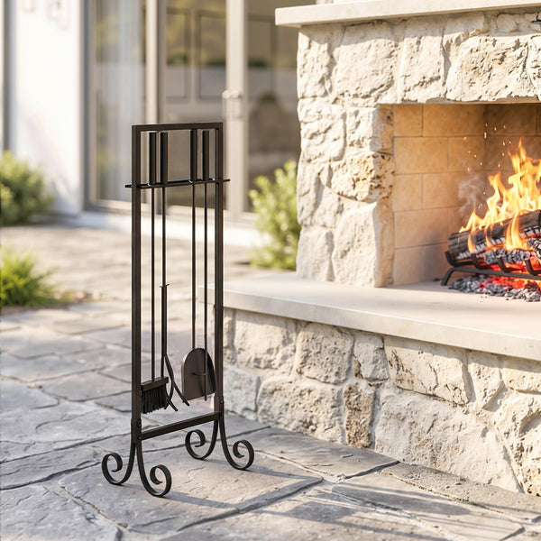 Fireplace Tools Set 5 Pieces Metal Fire Place Kit, Outdoor Indoor Fireside Accessories with Brush, Shovel, Poker, A Pair of Tongs, Stand, Black