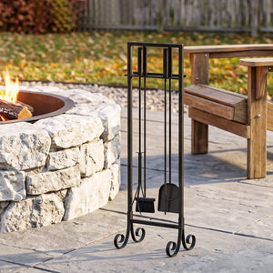 Fireplace Tools Set 5 Pieces Metal Fire Place Kit, Outdoor Indoor Fireside Accessories with Brush, Shovel, Poker, A Pair of Tongs, Stand, Black