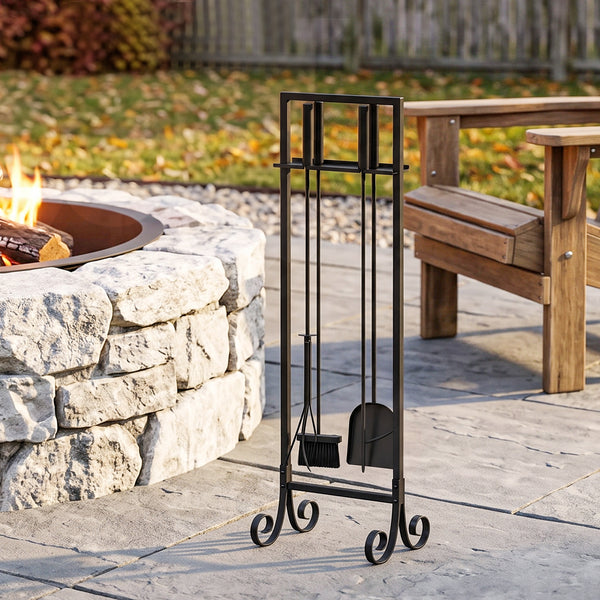 Fireplace Tools Set 5 Pieces Metal Fire Place Kit, Outdoor Indoor Fireside Accessories with Brush, Shovel, Poker, A Pair of Tongs, Stand, Black