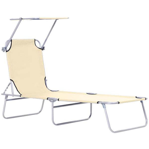 Outdoor Lounge Chair, Adjustable Folding Chaise Lounge, Tanning Chair with Sun Shade for Beach, Camping, Hiking, Backyard, Beige