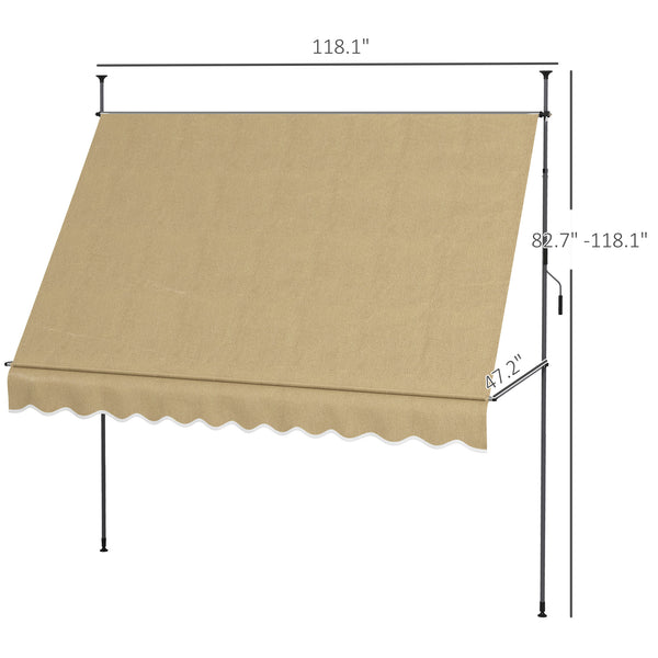 Manual Retractable Awning, 118" Non-Screw Patio Sun Shade Shelter with Support Pole Stand and UV Resistant Fabric, for Window, Door, Porch, Deck, Beige