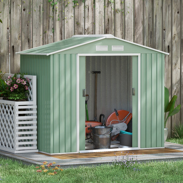 Outsunny 7' x 4' Outdoor Storage Shed, Garden Tool Metal Shed with Foundation Kit, Double Lockable Door, Air Vents and Sloping Roof, for Backyard, Patio, Lawn, Light Green