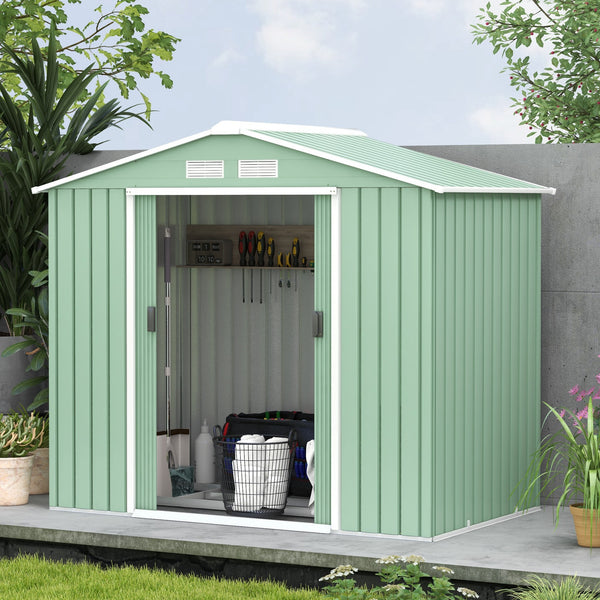 Outsunny 7' x 4' Outdoor Storage Shed, Garden Tool Metal Shed with Foundation Kit, Double Lockable Door, Air Vents and Sloping Roof, for Backyard, Patio, Lawn, Light Green