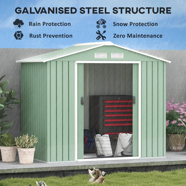 7 x 4ft Metal Garden Shed, Outdoor Storage Tool House with Ventilation Slots, Foundation Kit and Lockable Double Doors, Light Green