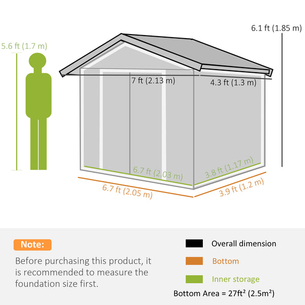 7 x 4ft Metal Garden Shed, Outdoor Storage Tool House with Ventilation Slots, Foundation Kit and Lockable Double Doors, Light Green