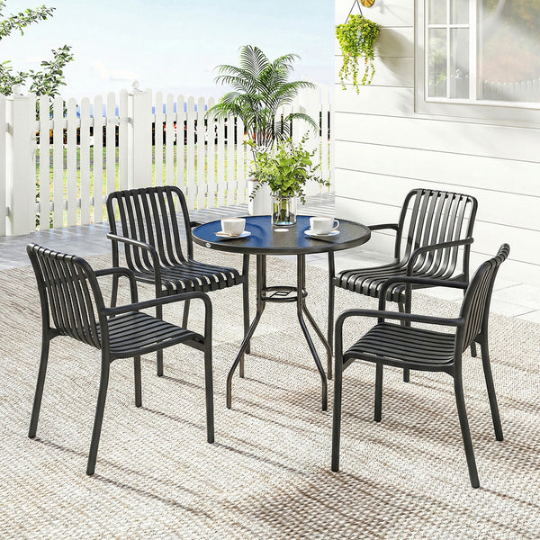 Stackable Patio Chairs Set of 4, Outdoor Patio Dining Chairs with Curved Backrest, Slatted Seat and Armrest for Indoor, Outdoor, Balcony, Deck, Garden,  Plastic, Black