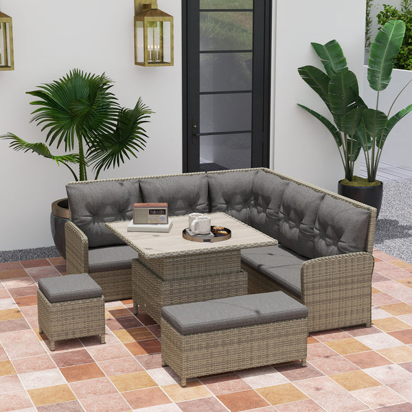 6 Pieces Outdoor PE Rattan Garden Furniture, Patio Wicker Sectional Conversation Corner Sofa w/ Soft Padded Cushion & Liftable Coffee Table, Light Grey