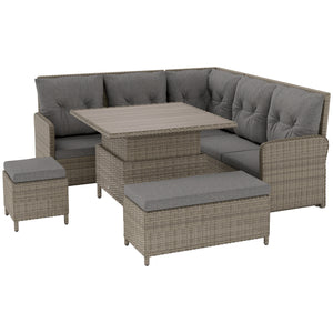 6 Pieces Outdoor PE Rattan Garden Furniture, Patio Wicker Sectional Conversation Corner Sofa w/ Soft Padded Cushion & Liftable Coffee Table, Light Grey