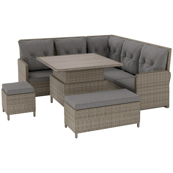 6 Pieces Outdoor PE Rattan Garden Furniture, Patio Wicker Sectional Conversation Corner Sofa w/ Soft Padded Cushion & Liftable Coffee Table, Light Grey