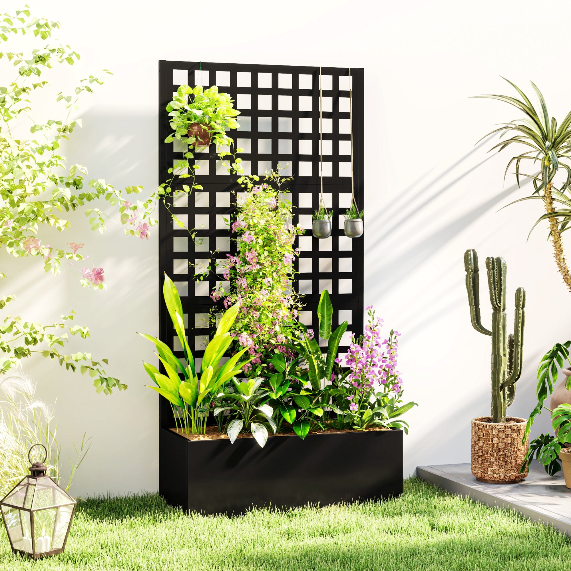 planter box with privacy trellis Outsunny Galvanized Raised Garden Bed Planter Box with Trellis for Climbing Plants, Vegetable, Vines, 35" x 16" x 70", Black