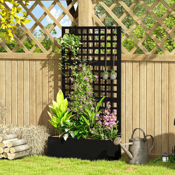 Outsunny Galvanized Raised Garden Bed with Trellis, Metal Planter Box with Drainage Holes, Outdoor Privacy Screen for Climbing Plants, Vegetable, Vines, 35" x 16" x 70", Black