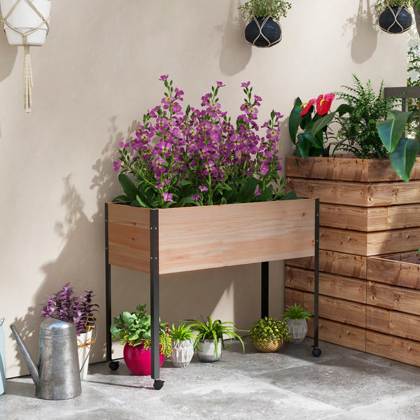 Wooden Raised Garden Bed with Wheels, Elevated Planter Box with Metal Legs, Drainage Holes and Bed Liner, for Vegetables, Flowers, Herbs