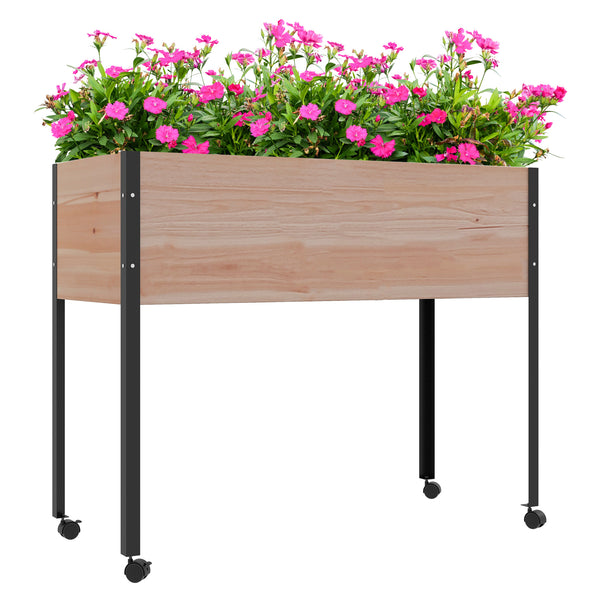 Wooden Raised Garden Bed with Wheels, Elevated Planter Box with Metal Legs, Drainage Holes and Bed Liner, for Vegetables, Flowers, Herbs