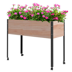 Wooden Raised Garden Bed with Wheels, Elevated Planter Box with Metal Legs, Drainage Holes and Bed Liner, for Vegetables, Flowers, Herbs