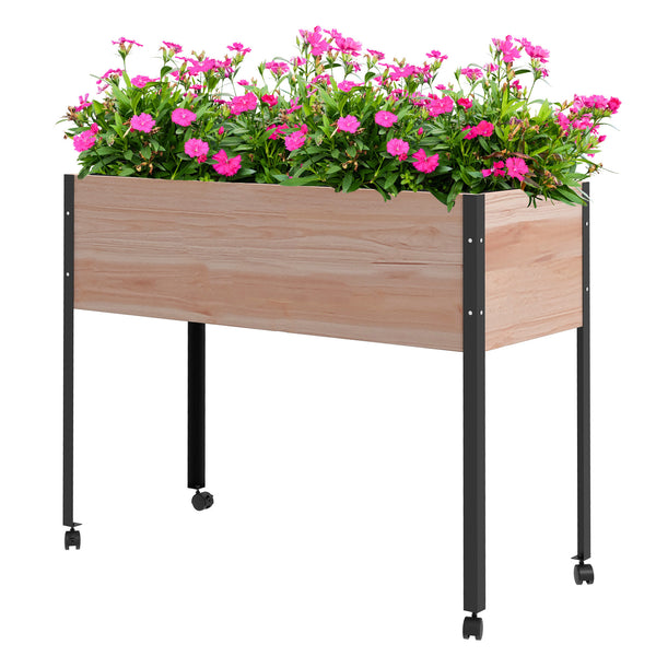 Wooden Raised Garden Bed with Wheels, Elevated Planter Box with Metal Legs, Drainage Holes and Bed Liner, for Vegetables, Flowers, Herbs