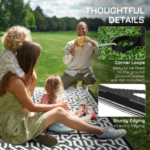 Outsunny Reversible Outdoor Rug, 9' x 12' Waterproof Plastic Straw Floor Mat, Portable RV Camping Carpet, Large Floor Mat for Backyard, Deck, Picnic, Beach, Black & White Chain