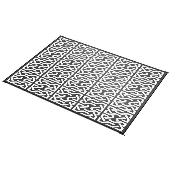 Outsunny Reversible Outdoor Rug, 9' x 12' Waterproof Plastic Straw Floor Mat, Portable RV Camping Carpet, Large Floor Mat for Backyard, Deck, Picnic, Beach, Black & White Chain