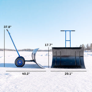 Snow Shovel with Wheels, 29" x 18" Heavy Duty Metal Snow Pusher with 5-Level Adjustable Handle, 7-Angle Blade, Bottom Wear Strip for Driveway, Sidewalks, Garden, Deck, Blue
