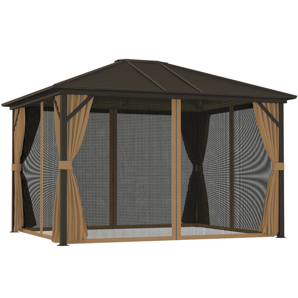 Outsunny 10' x 12' Hardtop Gazebo with Curtains and Netting, Permanent Pavilion Metal Single Roof Gazebo Canopy with Aluminum Frame and Hooks, for Garden, Patio, Backyard, Coffee