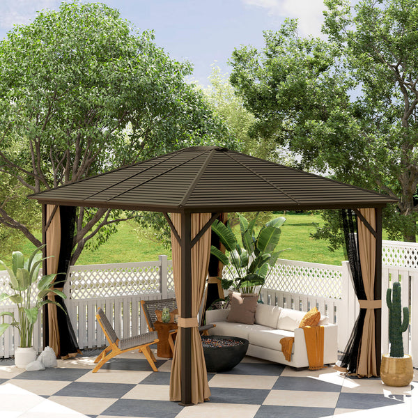 Outsunny 10' x 12' Hardtop Gazebo with Curtains and Netting, Permanent Pavilion Metal Single Roof Gazebo Canopy with Aluminum Frame and Hooks, for Garden, Patio, Backyard, Coffee