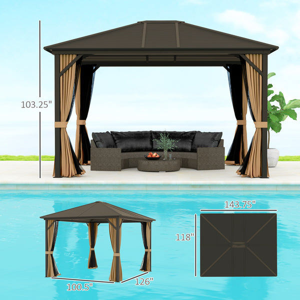 Outsunny 10' x 12' Hardtop Gazebo with Curtains and Netting, Permanent Pavilion Metal Single Roof Gazebo Canopy with Aluminum Frame and Hooks, for Garden, Patio, Backyard, Coffee