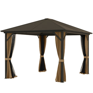 Outsunny 10' x 12' Hardtop Gazebo with Curtains and Netting, Permanent Pavilion Metal Single Roof Gazebo Canopy with Aluminum Frame and Hooks, for Garden, Patio, Backyard, Coffee