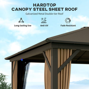 Outsunny 10' x 12' Hardtop Gazebo with Curtains and Netting, Permanent Pavilion Metal Single Roof Gazebo Canopy with Aluminum Frame and Hooks, for Garden, Patio, Backyard, Coffee