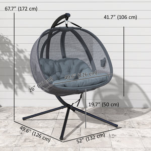 Double Egg Chair with Stand, 2 Person Hanging Swing Egg Chair Outdoor Indoor, 528 LBS Capacity Loveseat Hammock Swing with Cushion, Pockets, Grey