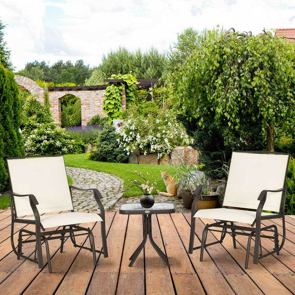 3 Piece Outdoor Glider Chair with Coffee Table Bistro Set, 2 Patio Rocking Swing Chairs with Breathable Sling Fabric, Glass Tabletop, for Backyard, Garden and Porch, Cream White