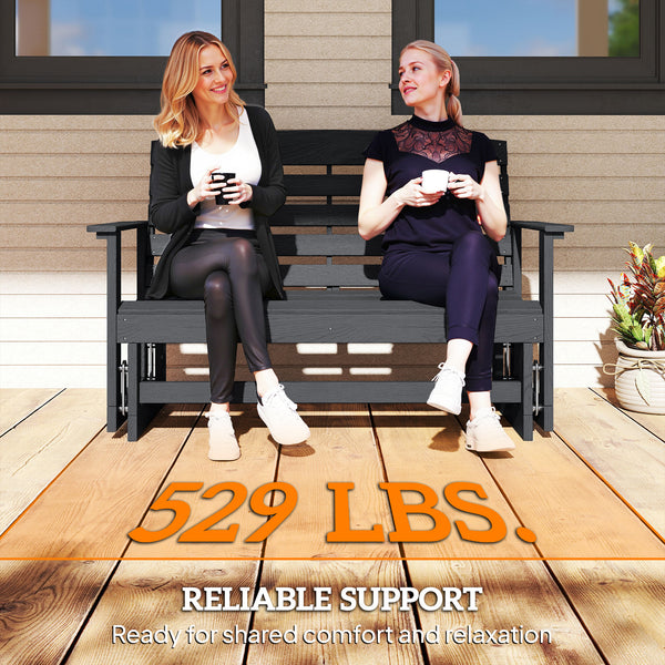2-Person Outdoor Glider Bench Patio Double Swing Rocking Chair Loveseat w/ Slatted HDPE Frame for Backyard Garden Porch, Distressed Black