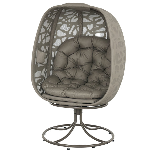 Swivel Egg Chair with Cushions, Foldable Basket Seat and Metal Frame, Indoor Outdoor Lounge Chair for Balcony, Poolside, Patio and Living Room, Sand Brown