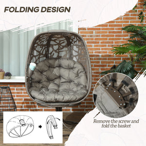 Swivel Egg Chair with Cushions, Foldable Basket Seat and Metal Frame, Indoor Outdoor Lounge Chair for Balcony, Poolside, Patio and Living Room, Sand Brown