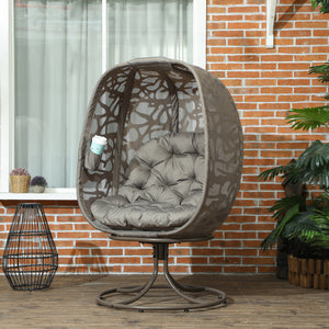 Swivel Egg Chair with Cushions, Foldable Basket Seat and Metal Frame, Indoor Outdoor Lounge Chair for Balcony, Poolside, Patio and Living Room, Sand Brown