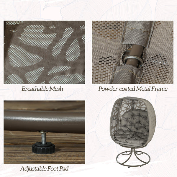 Swivel Egg Chair with Cushions, Foldable Basket Seat and Metal Frame, Indoor Outdoor Lounge Chair for Balcony, Poolside, Patio and Living Room, Sand Brown