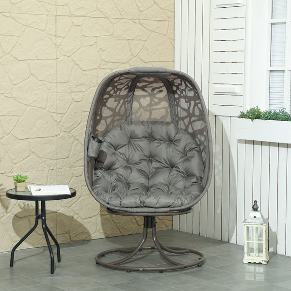 Swivel Egg Chair with Cushions, Foldable Basket Seat and Metal Frame, Indoor Outdoor Lounge Chair for Balcony, Poolside, Patio and Living Room, Sand Brown