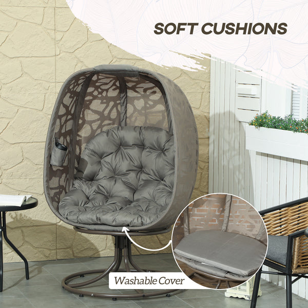 Swivel Egg Chair with Cushions, Foldable Basket Seat and Metal Frame, Indoor Outdoor Lounge Chair for Balcony, Poolside, Patio and Living Room, Sand Brown