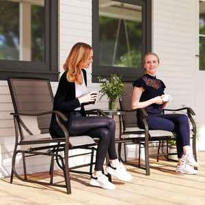 Double Patio Glider Chair with Glass Top Center Table, Outdoor Glider Loveseat with High Back,  All Weather Breathable Mesh Fabric for Garden, Backyard, Deck, Brown