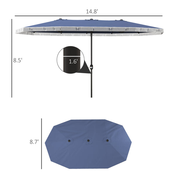 Outsunny 15ft Extra Large Patio Umbrella with Fringe, UPF30+ Double-sided Market Umbrella with Easy Crank Handle, 2 Vents for Garden Pool Lawn, Dark Blue