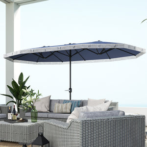 Outsunny 15ft Extra Large Patio Umbrella with Fringe, UPF30+ Double-sided Market Umbrella with Easy Crank Handle, 2 Vents for Garden Pool Lawn, Dark Blue