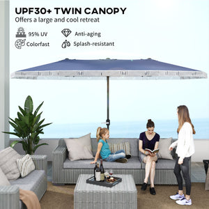 Outsunny 15ft Extra Large Patio Umbrella with Fringe, UPF30+ Double-sided Market Umbrella with Easy Crank Handle, 2 Vents for Garden Pool Lawn, Dark Blue