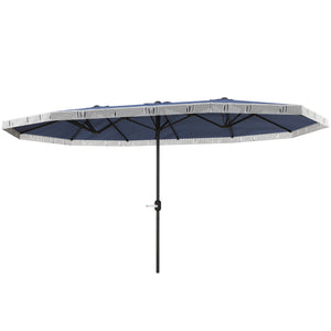 Outsunny 15ft Extra Large Patio Umbrella with Fringe, UPF30+ Double-sided Market Umbrella with Easy Crank Handle, 2 Vents for Garden Pool Lawn, Dark Blue