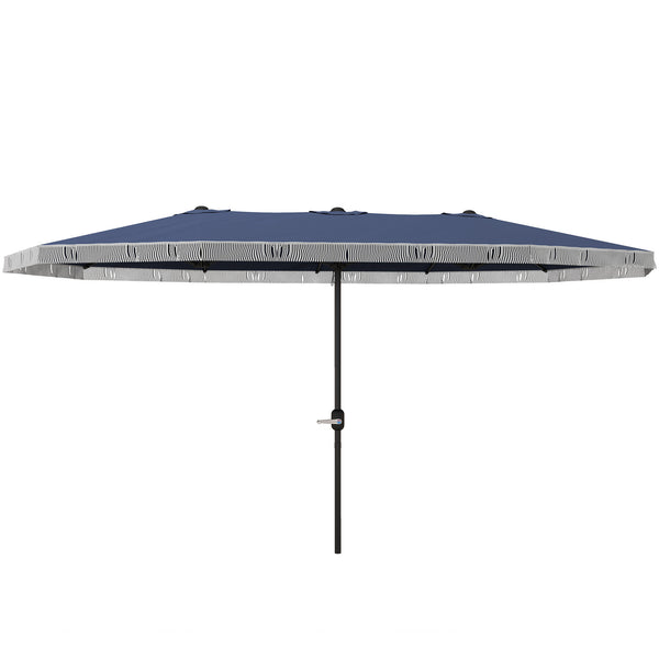 Outsunny 15ft Extra Large Patio Umbrella with Fringe, UPF30+ Double-sided Market Umbrella with Easy Crank Handle, 2 Vents for Garden Pool Lawn, Dark Blue