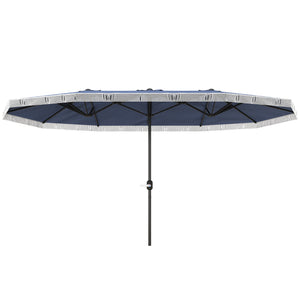 Outsunny 15ft Extra Large Patio Umbrella with Fringe, UPF30+ Double-sided Market Umbrella with Easy Crank Handle, 2 Vents for Garden Pool Lawn, Dark Blue