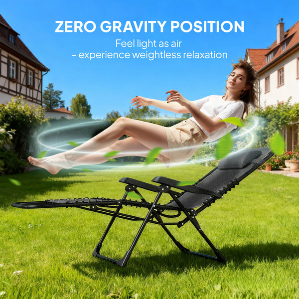 Zero Gravity Chair, Folding Outdoor Lounge Chair, 5-Position Adjustable Patio Lounger Recliner with Padded Removable Headrest for Lawn, Beach, Poolside, Black