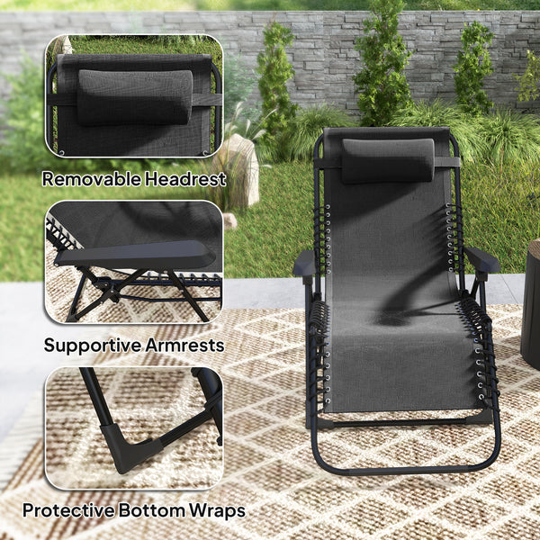 Zero Gravity Chair, Folding Outdoor Lounge Chair, 5-Position Adjustable Patio Lounger Recliner with Padded Removable Headrest for Lawn, Beach, Poolside, Black