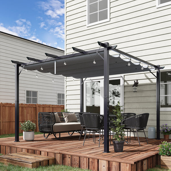 Outsunny 10' x 10' Aluminum Patio Pergola with Retractable Pergola Canopy, Backyard Shade Shelter for Porch, Outdoor Party, Garden, Grill Gazebo, Dark Gray