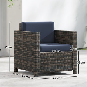 Single Seater Rattan Chair, PE Wicker Garden Armchair with 10 cm Thickened Cushion, All-Weather Rattan Garden Chair with Armrests, Mixed Brown/Navy Blue