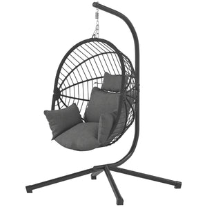 Hanging Egg Chair with Thick Padded Cushion, Foldable Wicker Egg Swing Chair with Metal Stand, Hammock Chair with Cup Holder, Rope Structure, for Indoor and Outdoor, Grey