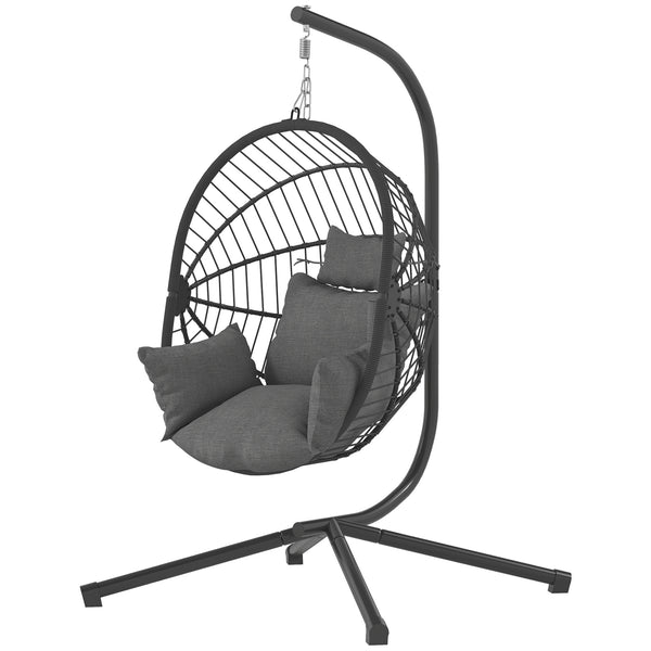 Hanging Egg Chair with Thick Padded Cushion, Foldable Wicker Egg Swing Chair with Metal Stand, Hammock Chair with Cup Holder, Rope Structure, for Indoor and Outdoor, Grey