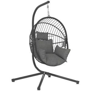 Hanging Egg Chair with Thick Padded Cushion, Foldable Wicker Egg Swing Chair with Metal Stand, Hammock Chair with Cup Holder, Rope Structure, for Indoor and Outdoor, Grey